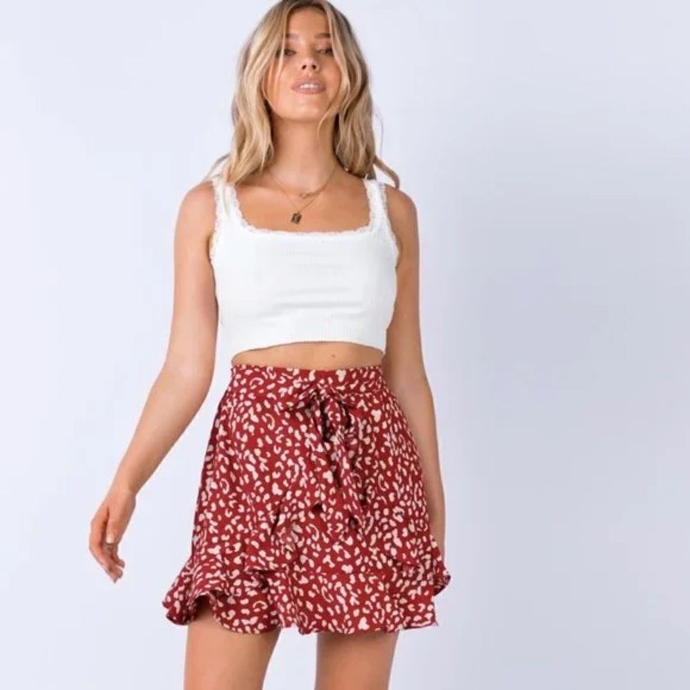 ✨ Polly Red Ruffle Tie-Front Leopard Print Skirt✨